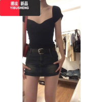 YIBUSHENG法式方领黑色正肩短袖t恤女季设计感小众辣妹紧身别致短款上衣