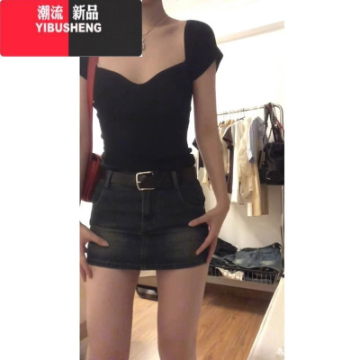 YIBUSHENG法式方领黑色正肩短袖t恤女季设计感小众辣妹紧身别致短款上衣