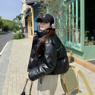 中欧美新短款2024小个子立领羽绒棉服女PU皮加厚棉袄棉衣外套潮流