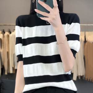 冰丝条纹针织衫薄款圆领宽松显瘦上衣夏季女装时尚洋气年新款