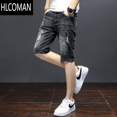 HLCOMAN夏季薄款弹力牛仔短裤男破洞修身直筒青年五分中裤男5分休闲马裤