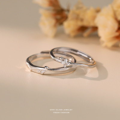 s999纯银森系枝叶情侣戒指简约小花朵开口可调节情侣对戒足银手饰送女朋友老婆情人节七夕生日礼物