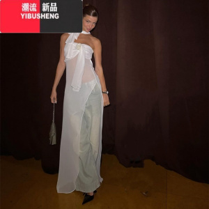 YIBUSHENG欧美度假风不规则挂脖花朵抹胸连衣裙女修身气质性感微透打底长裙