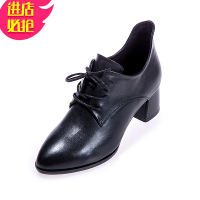 金三志2021新款春秋季系带皮鞋女尖头中跟深口单鞋粗跟工作鞋女皮女鞋休闲鞋