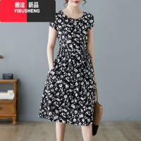 YIBUSHENG棉绸短袖连衣裙女新款时尚宽松显瘦遮肚收腰系带过膝中长款裙子