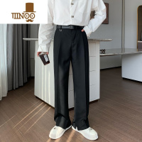 YANXU 高腰纯色西装长裤男宽松韩版垂感直筒休闲开叉西裤潮