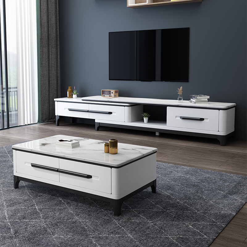 欧梵森 北欧轻奢岩板茶几电视柜组合推拉伸缩大理石岩板电视柜小户型客厅家具意式岩板现代简约家用储物柜套装