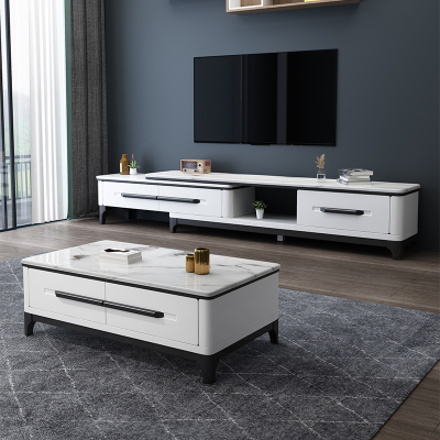 欧梵森 北欧轻奢岩板茶几电视柜组合推拉伸缩大理石岩板电视柜小户型客厅家具意式岩板现代简约家用储物柜套装