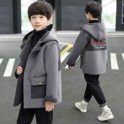 HLCOMAN儿童秋冬装大衣男童连帽外套中长款加绒呢子中大童时尚帅气风衣厚风衣