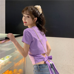 短款时尚短袖T恤女夏季韩版新款修身绑带小心机衣服上衣女装