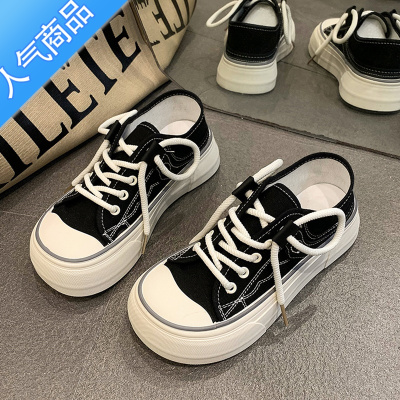 SUNTEK奶呼呼丑萌宽头厚底帆布鞋女2023新款小众原创芒果头配裙子小白鞋