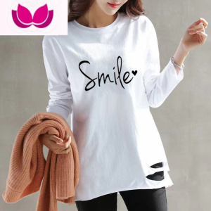 七斓长袖上衣女装新款宽松韩版大码女装遮肉显瘦白色t恤女打底衫