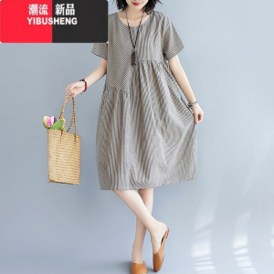YIBUSHENG复古文艺风条纹棉麻连衣裙女大码宽松中长款妈妈遮肚短袖a字裙