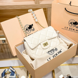 MKJ时尚真皮女士包包女包百搭小香风菱格链条包女2023新款高级感斜挎单肩包包 米白色1