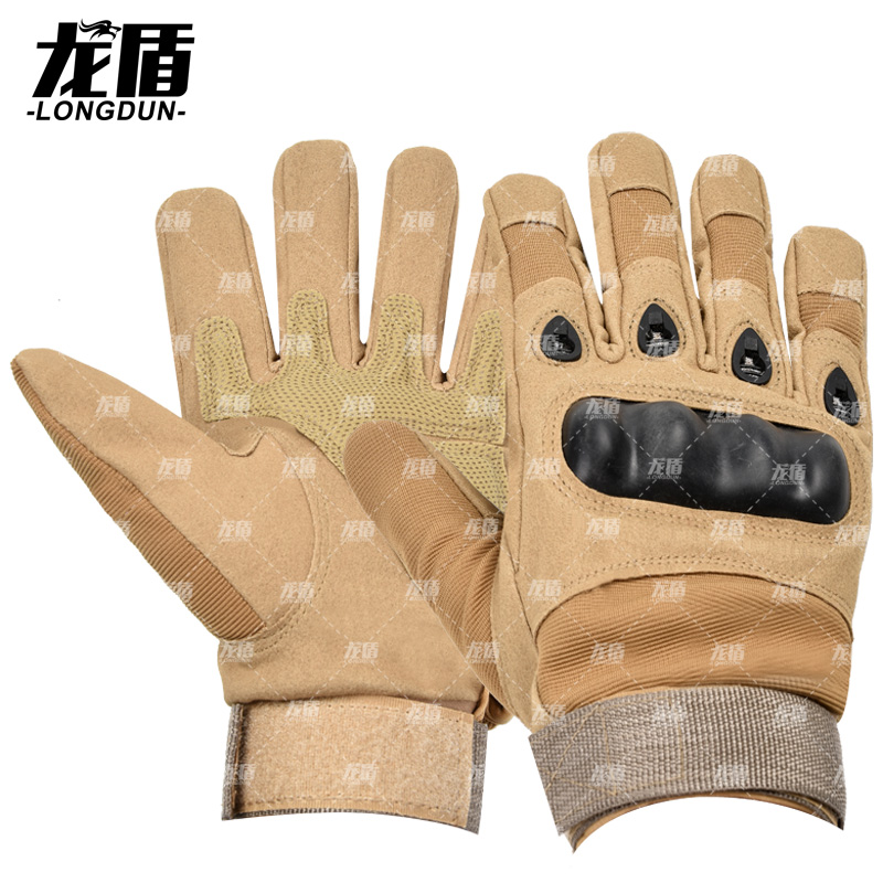 龙盾 战术全指手套男士格斗拳击户外骑行机车摩托运动健身露指土黄色