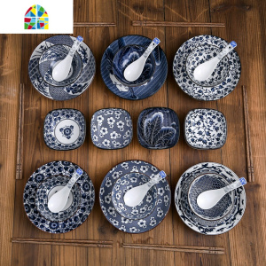 封后日式青花陶瓷餐具 碗碟碗盘碗筷套装饭碗 菜盘子味碟勺子家用组合 TM-28头青花六色混装7英寸和8英寸盘各3个 28