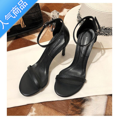 SUNTEKsw黑色一字带凉鞋女绝美2023年新款夏季时装罗马法式高跟鞋女细跟