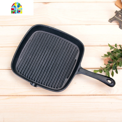 珐琅铸铁24cm条纹牛排煎锅 铸铁平底锅 早餐煎锅 无涂层无油烟 FENGHOU 20厘米铸铁单把手平底锅手套油刷