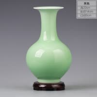 景德镇陶瓷器花瓶摆件客厅插花青釉仿古新中式简约酒柜家居装饰品 三维工匠 青釉美人瓶-送底座