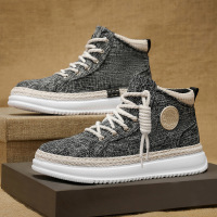 新款透气帆布滑板鞋高帮厚底增高运动风休闲鞋秋冬季男鞋学生