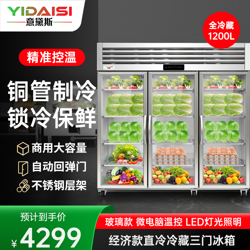 意黛斯 展示柜冷藏蔬菜水果保鲜柜全铜管厨房四门六门冰箱不锈钢冰柜商用大玻璃电冰箱三门冷藏款YDS-LBR6Q3BL
