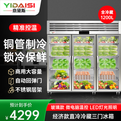 意黛斯 展示柜冷藏蔬菜水果保鲜柜全铜管厨房四门六门冰箱不锈钢冰柜商用大玻璃电冰箱三门冷藏款YDS-LBR6Q3BL