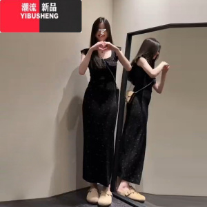 YIBUSHENG黑色碎花小飞袖裙子女季2024新款茶歇法式连衣裙收腰包臀裙长裙