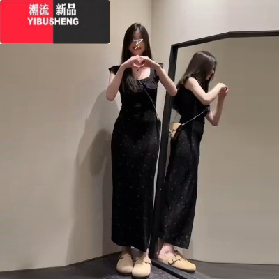 YIBUSHENG黑色碎花小飞袖裙子女季2024新款茶歇法式连衣裙收腰包臀裙长裙