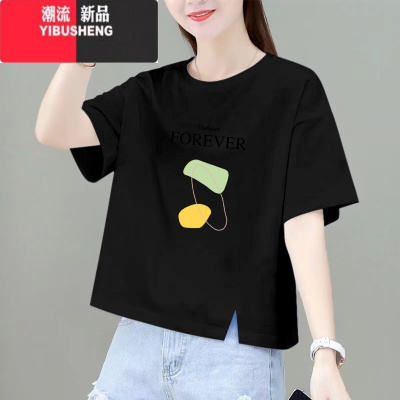 YIBUSHENG短袖t恤女2024新款季韩版宽松百搭短款小个子印花上衣