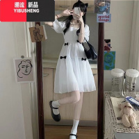 YIBUSHENG初恋裙复古温柔风方领泡泡袖白色裙子女学生茶歇法式桔梗连衣裙