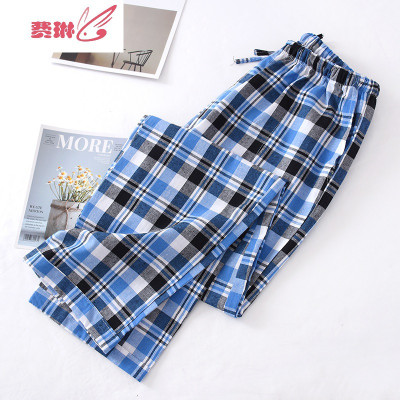 男士家居裤梭织棉直筒长裤老土布格子睡裤宽松大码可外穿裤费琳