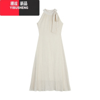 YIBUSHENG杏色设计感系带蝴蝶结连衣裙女装季修身收腰A字裙长裙