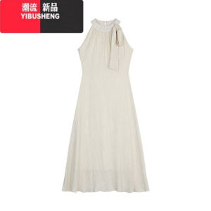 YIBUSHENG杏色设计感系带蝴蝶结连衣裙女装季修身收腰A字裙长裙