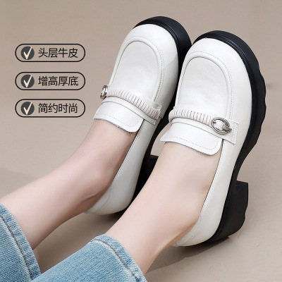 头层牛皮乐福鞋女25年秋季新款真皮松糕厚底一脚蹬休闲女四季单鞋