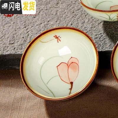 三维工匠景德镇手绘茶具套装家用礼盒陶瓷荷花盖碗泡茶杯功夫青花整套 蜻蜓春荷[单杯]