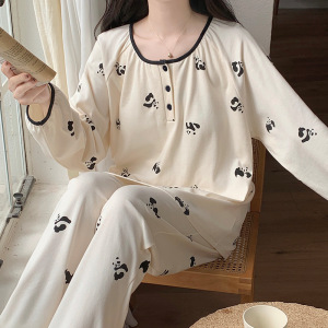 睡衣女士棉质秋冬季长袖带胸垫韩版可爱卡通休闲家居服套装可外穿