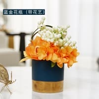北欧创意轻奢金色样板房陶瓷小清新花瓶摆件客厅插花小花器装饰品 三维工匠 房子款纸巾盒+深蓝色金陶瓷花瓶[带花艺]