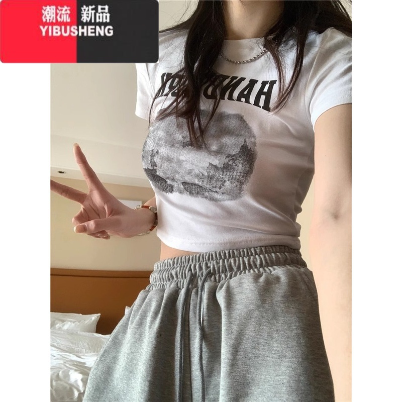 YIBUSHENG甜辣妹字母印花别致短袖t恤女美式设计感小众修身显瘦短款上衣