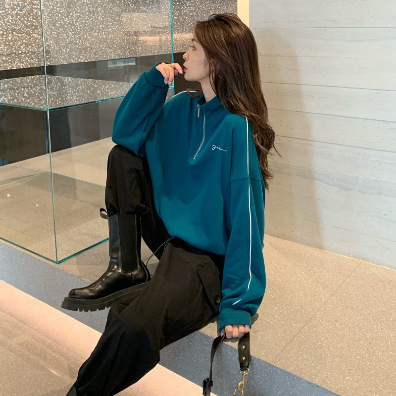 立领卫衣女秋装新款薄款外套宽松韩版抽绳半拉链短款上衣女潮