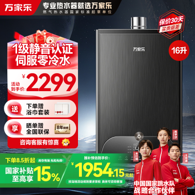 万家乐安睡洗 燃气热水器16升一级轻音零冷水智慧伺服恒温家用防冻wifi智控天然气JSQ30-16RL10
