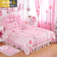 夏季结婚蕾丝少女心床单被套床上用品四件套棉棉公主风1.8m床 三维工匠