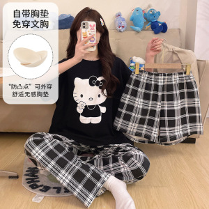 卡通新款仿棉睡衣带胸垫短袖短裤三件套夏天休闲可爱家居服可外穿