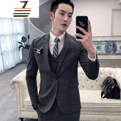 NEWLAKE2018秋冬西装三件套男士韩版修身格子职业正装结婚型师西服套装