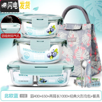 三维工匠上班族可微波炉加热专用玻璃饭盒餐盒便当碗带盖冰箱水 [北欧蓝]圆400+650+两隔长1000+经典火烈鸟包+餐