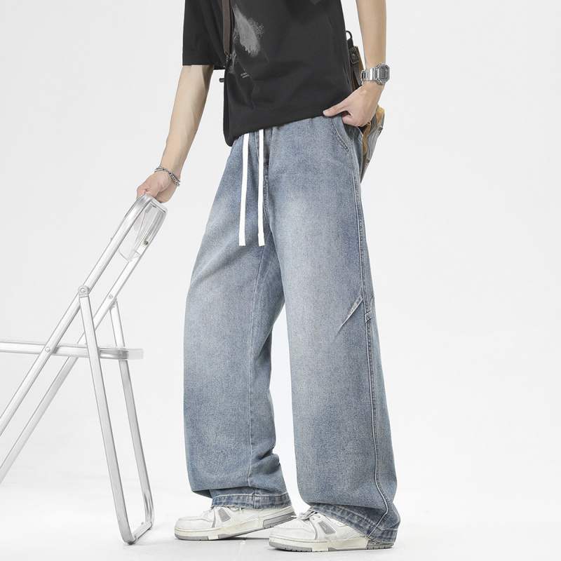 日系 cityboy 抽绳阔腿牛仔裤男宽松直筒做旧水洗男休闲裤松紧腰