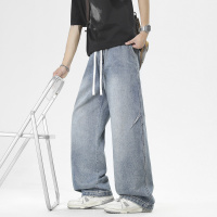 日系 cityboy 抽绳阔腿牛仔裤男宽松直筒做旧水洗男休闲裤松紧腰