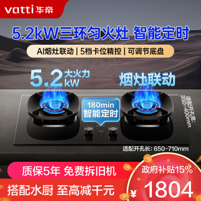 华帝(vatti)燃气灶家用5.2kW 嵌入式定时猛火灶 可调节免扩孔70%热效率 烟灶联动灶具i10309D(天然气)