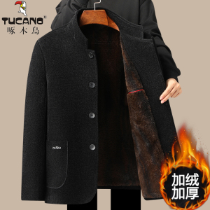 啄木鸟爸爸冬装毛呢棉服外套加绒加厚款中老年棉衣男爷爷保暖棉袄