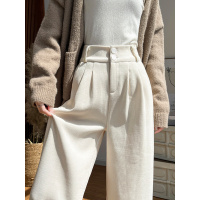 白色灯芯绒阔腿裤子女秋冬季新款加绒西装裤小个子加厚直筒裤_599