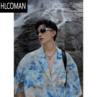 HLCOMAN国潮牌高级感扎染花短袖衬衫男夏季薄款休闲痞帅五分袖衬衣ins潮